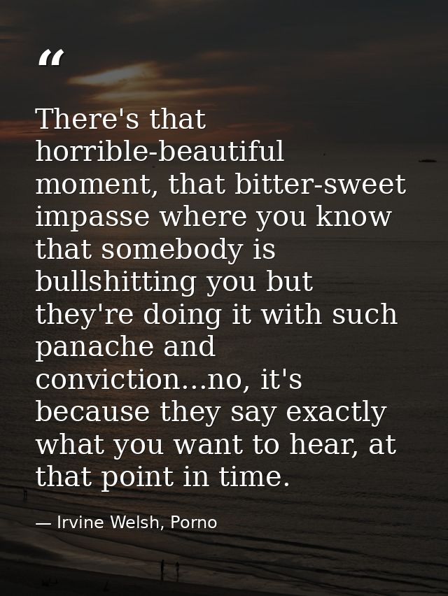There's that horrible-beautiful moment, that bitter-sweet impasse where you know that somebody is bullshitting you but t — Irvine Welsh, Porno