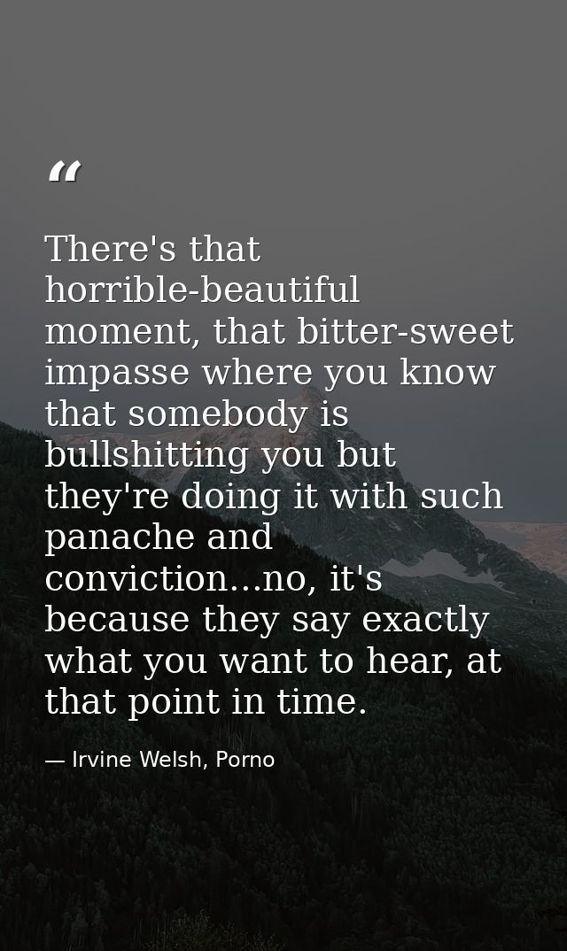 There's that horrible-beautiful moment, that bitter-sweet impasse where you know that somebody is bullshitting you but t — Irvine Welsh, Porno
