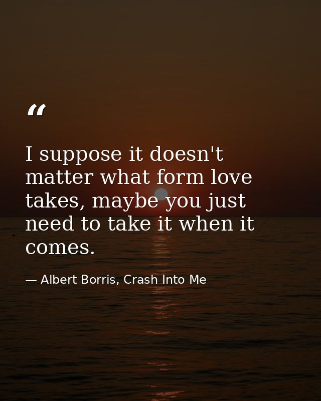 I suppose it doesn't matter what form love takes, maybe you just need to take it when it comes. — Albert Borris, Crash Into Me