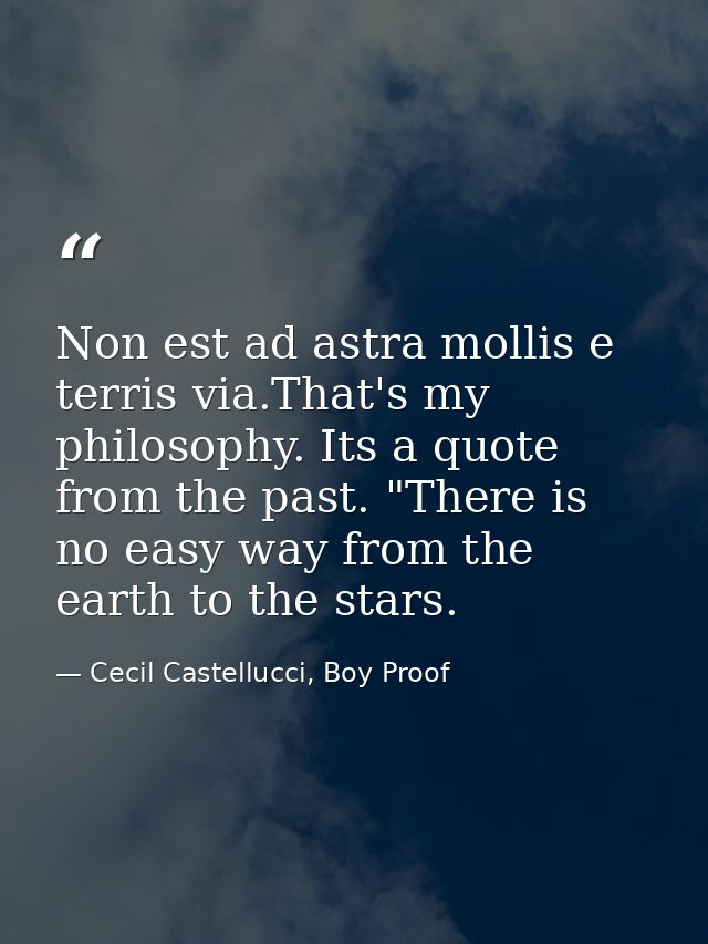 Non est ad astra mollis e terris via.That's my philosophy. Its a quote from the past. "There is no easy way from the ear — Cecil Castellucci, Boy Proof