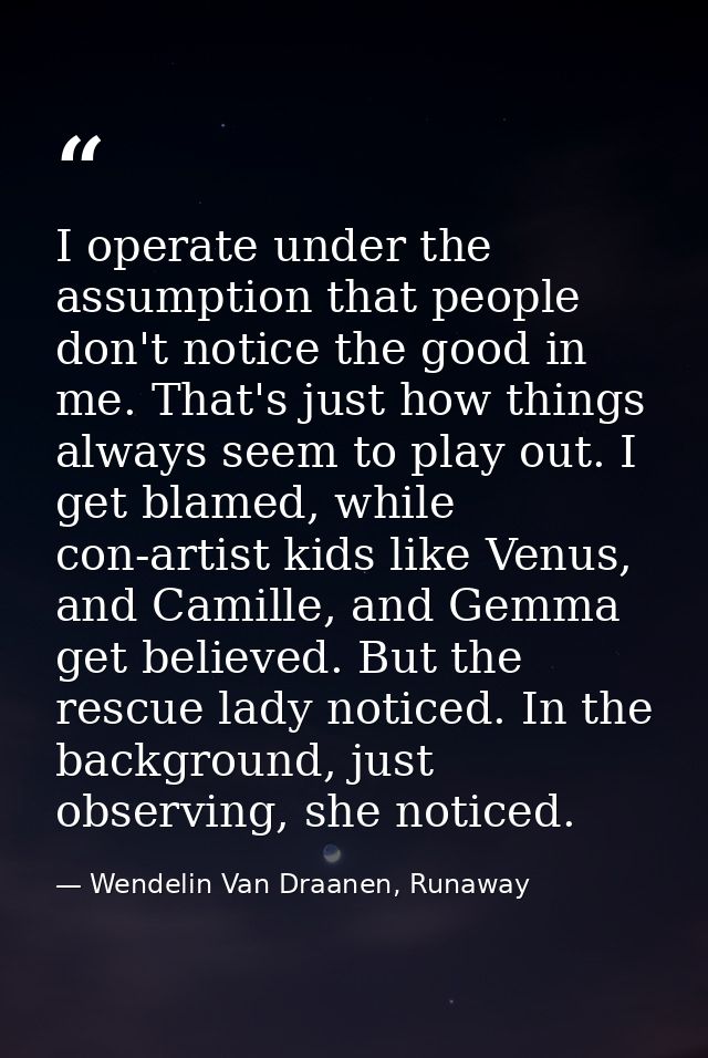 I operate under the assumption that people don't notice the good in me. That's just how things always seem to play out.  — Wendelin Van Draanen, Runaway