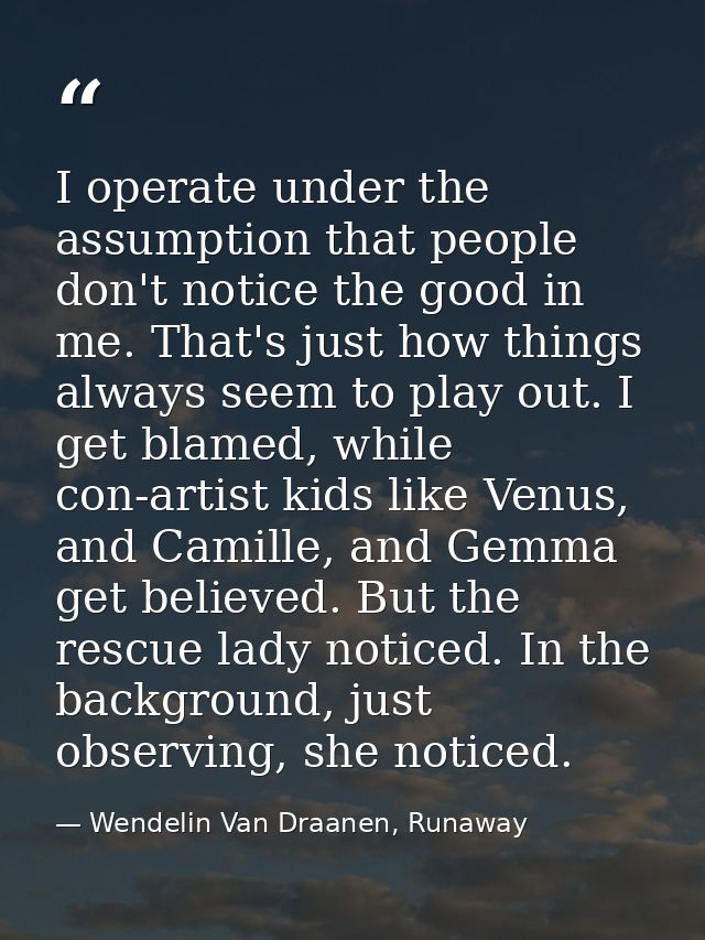 I operate under the assumption that people don't notice the good in me. That's just how things always seem to play out.  — Wendelin Van Draanen, Runaway