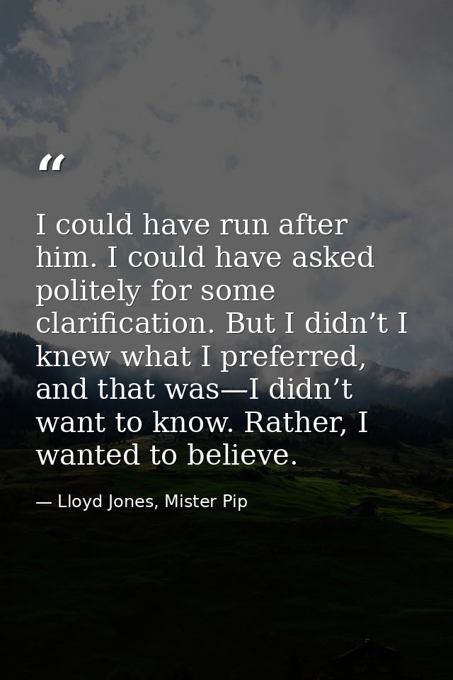 I could have run after him. I could have asked politely for some clarification. But I didn’t I knew what I preferred, an — Lloyd Jones, Mister Pip