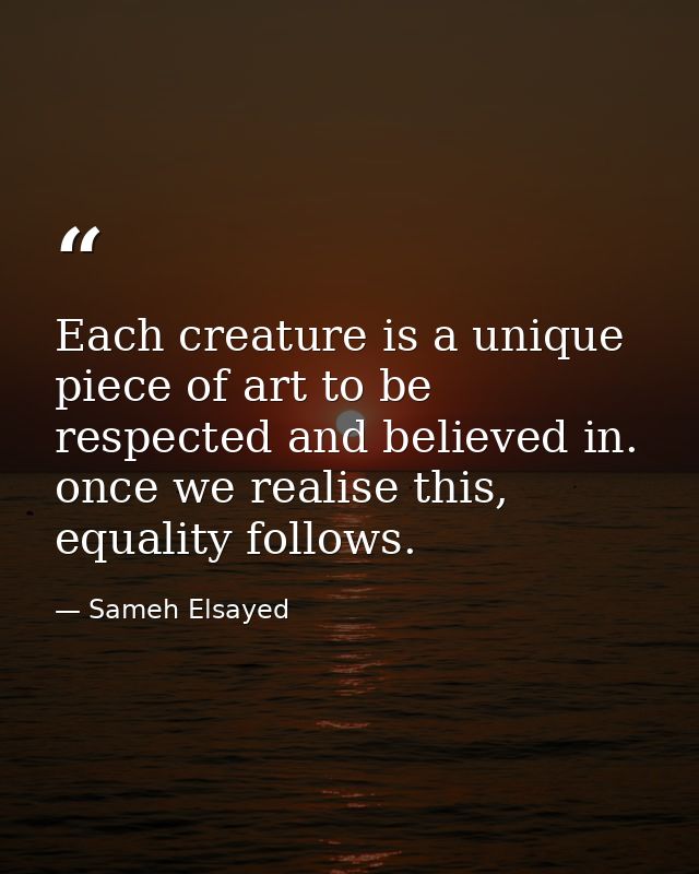 Each creature is a unique piece of art to be respected and believed in. once we realise this, equality follows. — Sameh Elsayed