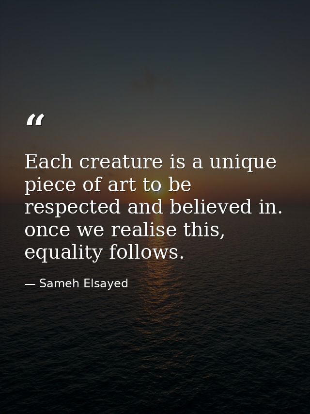 Each creature is a unique piece of art to be respected and believed in. once we realise this, equality follows. — Sameh Elsayed