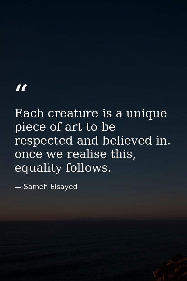 Each creature is a unique piece of art to be respected and believed in. once we realise this, equality follows. — Sameh Elsayed