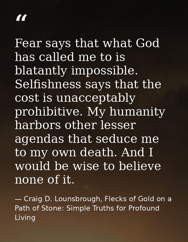 Fear says that what God has called me to is blatantly impossible. Selfishness says that the cost is unacceptably prohibi — Craig D. Lounsbrough, Flecks of Gold on a Path of Stone: Simple Truths for Profound Living