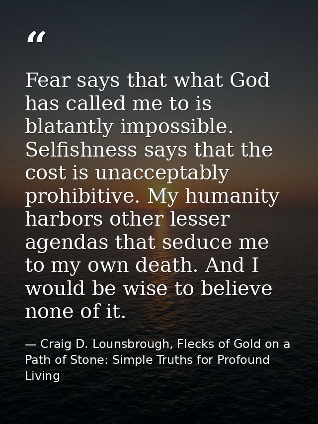 Fear says that what God has called me to is blatantly impossible. Selfishness says that the cost is unacceptably prohibi — Craig D. Lounsbrough, Flecks of Gold on a Path of Stone: Simple Truths for Profound Living