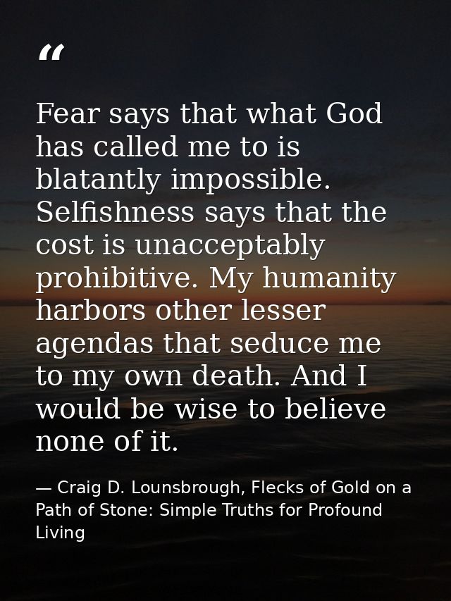 Fear says that what God has called me to is blatantly impossible. Selfishness says that the cost is unacceptably prohibi — Craig D. Lounsbrough, Flecks of Gold on a Path of Stone: Simple Truths for Profound Living