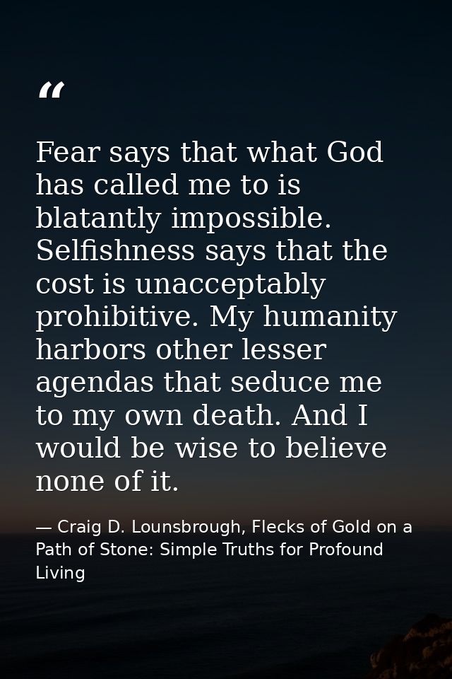 Fear says that what God has called me to is blatantly impossible. Selfishness says that the cost is unacceptably prohibi — Craig D. Lounsbrough, Flecks of Gold on a Path of Stone: Simple Truths for Profound Living