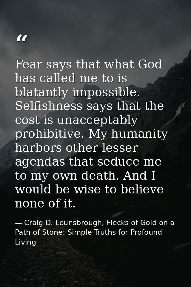 Fear says that what God has called me to is blatantly impossible. Selfishness says that the cost is unacceptably prohibi — Craig D. Lounsbrough, Flecks of Gold on a Path of Stone: Simple Truths for Profound Living