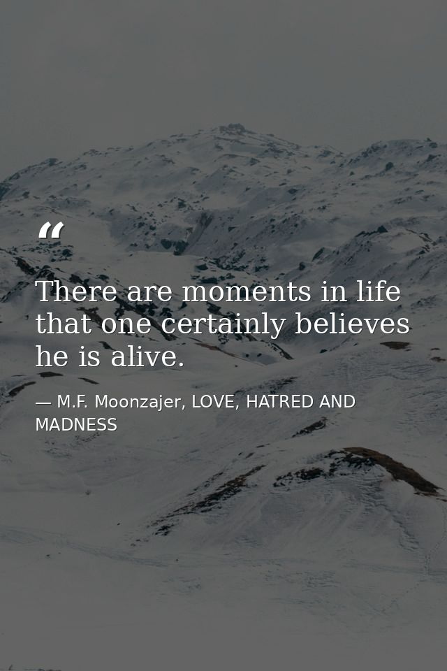 There are moments in life that one certainly believes he is alive. — M.F. Moonzajer, LOVE, HATRED AND MADNESS