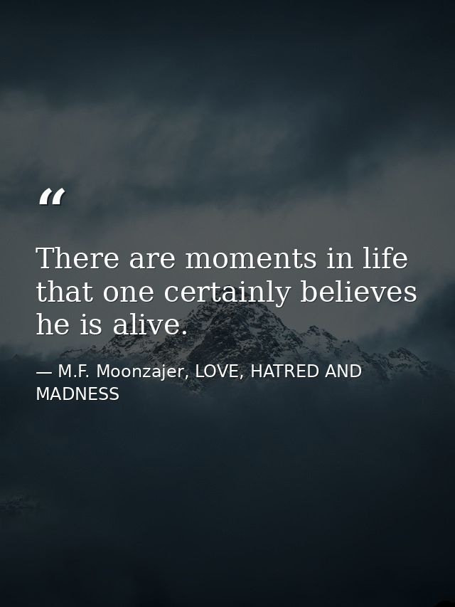 There are moments in life that one certainly believes he is alive. — M.F. Moonzajer, LOVE, HATRED AND MADNESS