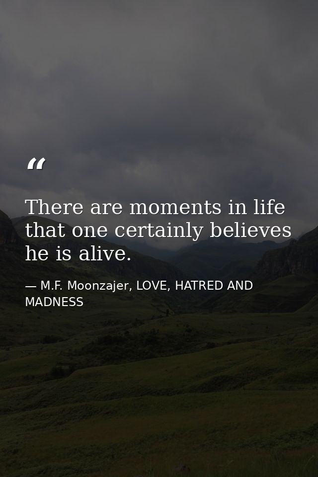 There are moments in life that one certainly believes he is alive. — M.F. Moonzajer, LOVE, HATRED AND MADNESS