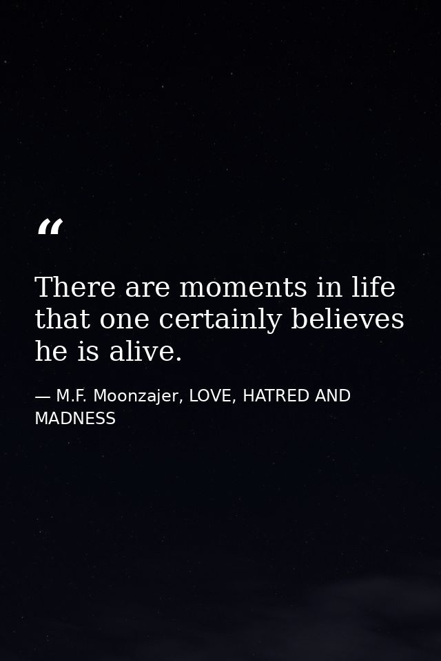 There are moments in life that one certainly believes he is alive. — M.F. Moonzajer, LOVE, HATRED AND MADNESS