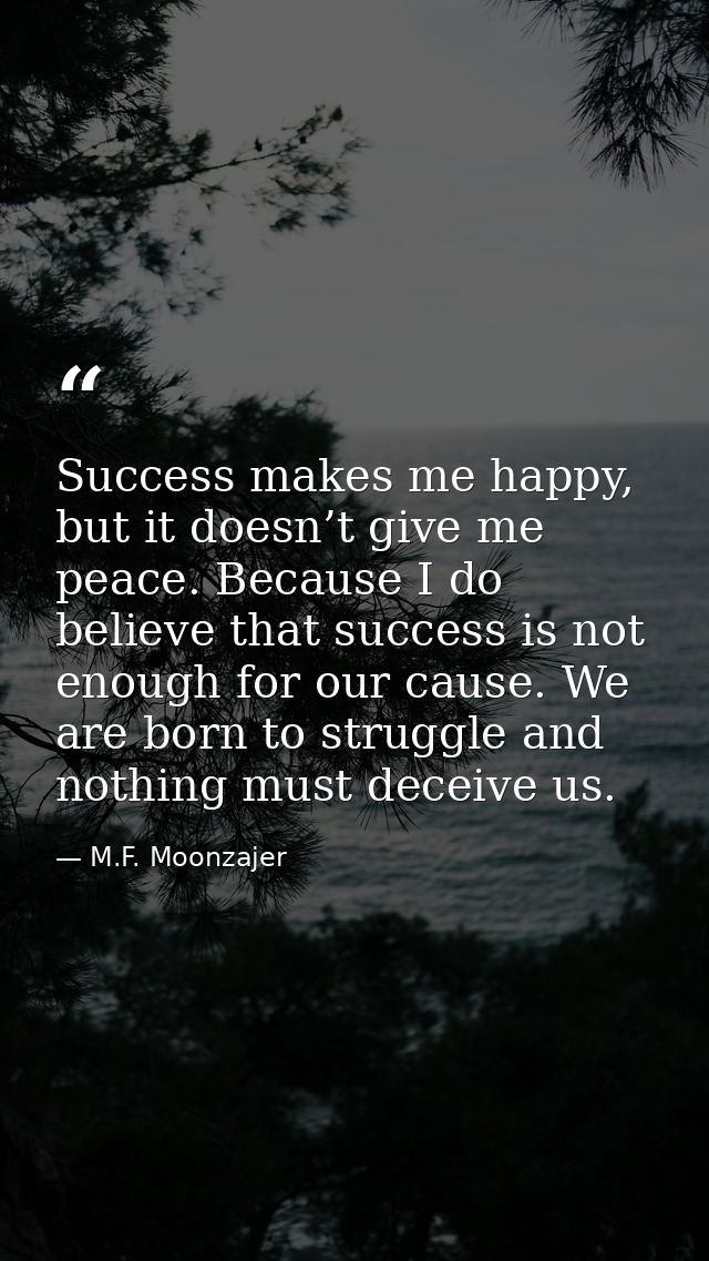 Success makes me happy, but it doesn’t give me peace. Because I do believe that success is not enough for our cause. We  — M.F. Moonzajer