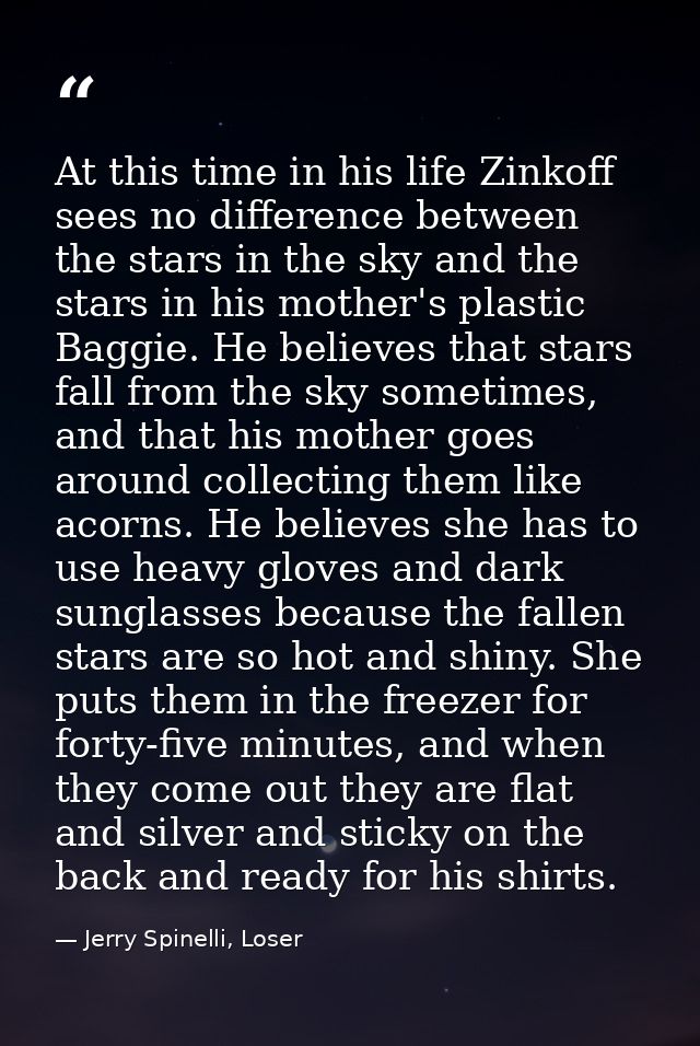 At this time in his life Zinkoff sees no difference between the stars in the sky and the stars in his mother's plastic B — Jerry Spinelli, Loser