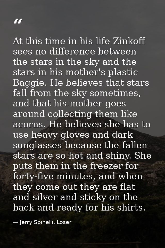 At this time in his life Zinkoff sees no difference between the stars in the sky and the stars in his mother's plastic B — Jerry Spinelli, Loser