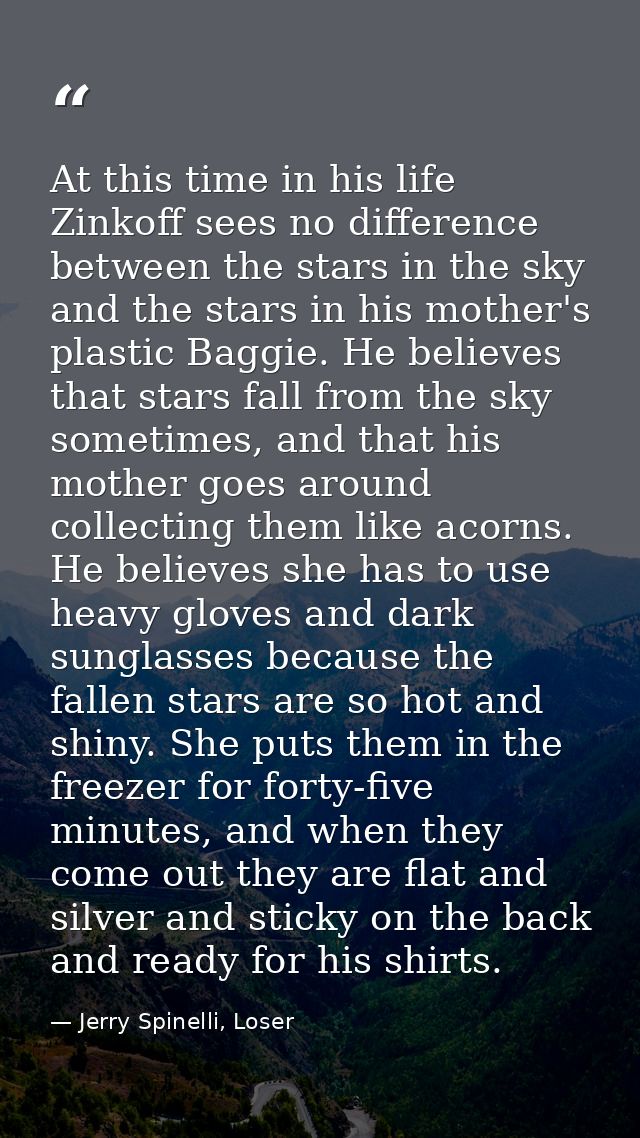 At this time in his life Zinkoff sees no difference between the stars in the sky and the stars in his mother's plastic B — Jerry Spinelli, Loser