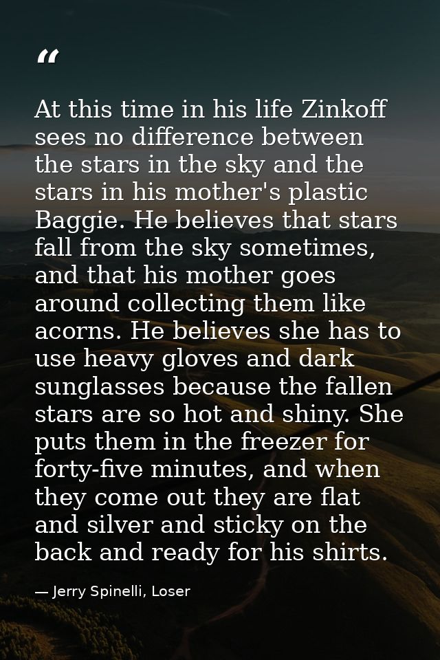 At this time in his life Zinkoff sees no difference between the stars in the sky and the stars in his mother's plastic B — Jerry Spinelli, Loser