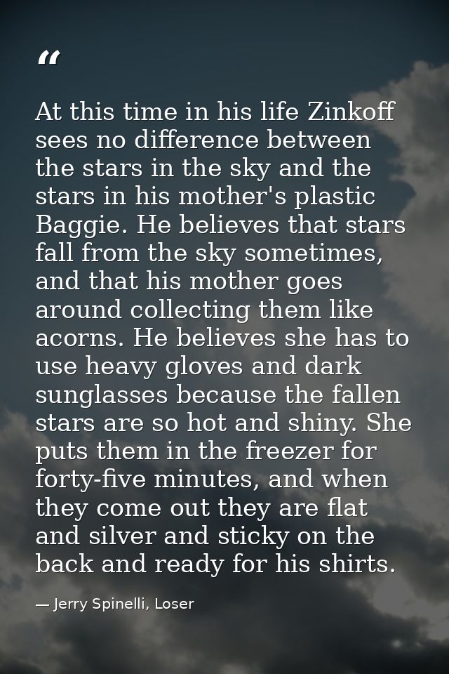 At this time in his life Zinkoff sees no difference between the stars in the sky and the stars in his mother's plastic B — Jerry Spinelli, Loser