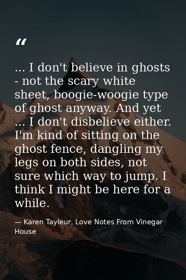 ... I don't believe in ghosts - not the scary white sheet, boogie-woogie type of ghost anyway. And yet ... I don't disbe — Karen Tayleur, Love Notes From Vinegar House