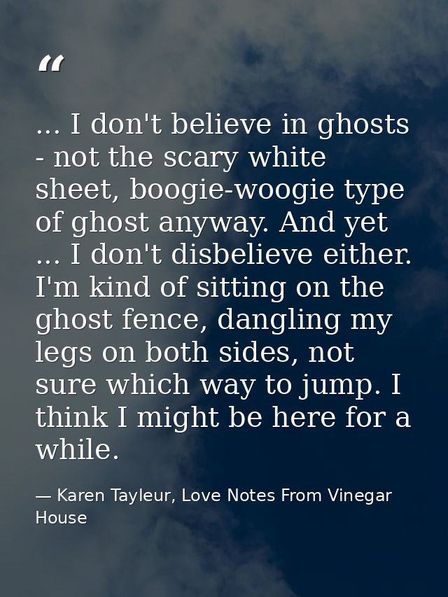 ... I don't believe in ghosts - not the scary white sheet, boogie-woogie type of ghost anyway. And yet ... I don't disbe — Karen Tayleur, Love Notes From Vinegar House