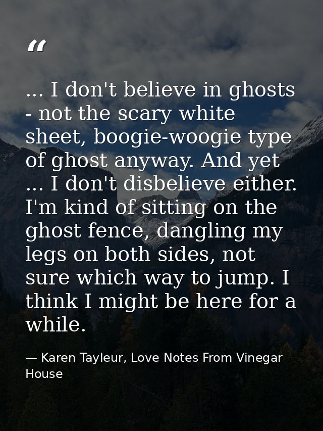 ... I don't believe in ghosts - not the scary white sheet, boogie-woogie type of ghost anyway. And yet ... I don't disbe — Karen Tayleur, Love Notes From Vinegar House