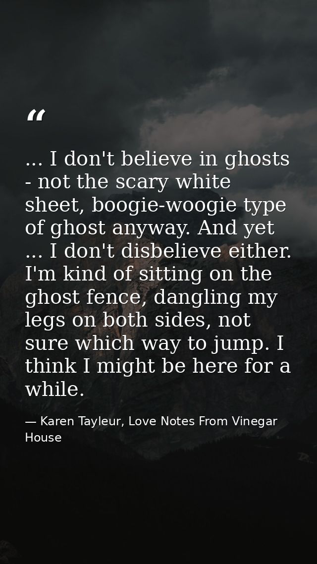 ... I don't believe in ghosts - not the scary white sheet, boogie-woogie type of ghost anyway. And yet ... I don't disbe — Karen Tayleur, Love Notes From Vinegar House
