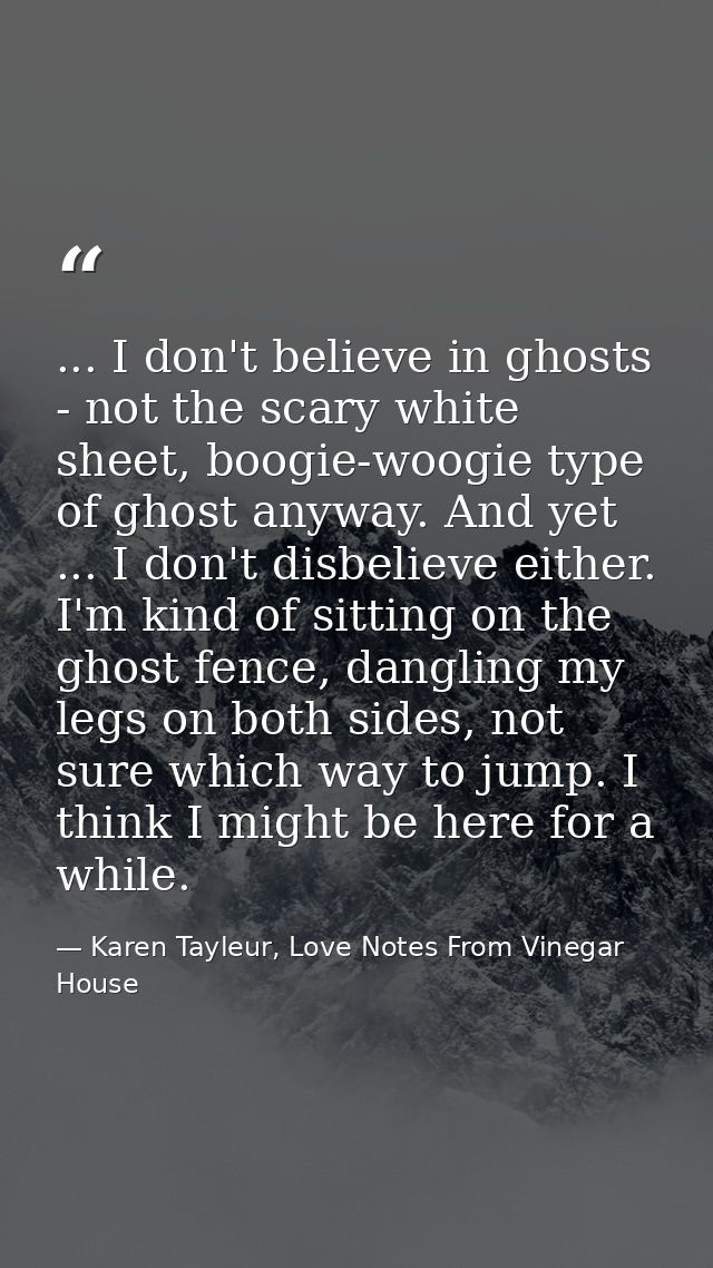 ... I don't believe in ghosts - not the scary white sheet, boogie-woogie type of ghost anyway. And yet ... I don't disbe — Karen Tayleur, Love Notes From Vinegar House