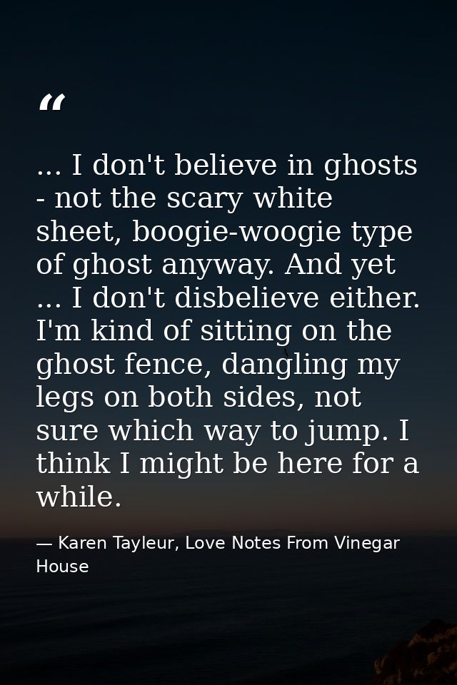 ... I don't believe in ghosts - not the scary white sheet, boogie-woogie type of ghost anyway. And yet ... I don't disbe — Karen Tayleur, Love Notes From Vinegar House