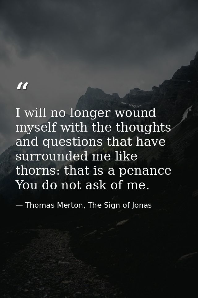 I will no longer wound myself with the thoughts and questions that have surrounded me like thorns: that is a penance You — Thomas Merton, The Sign of Jonas