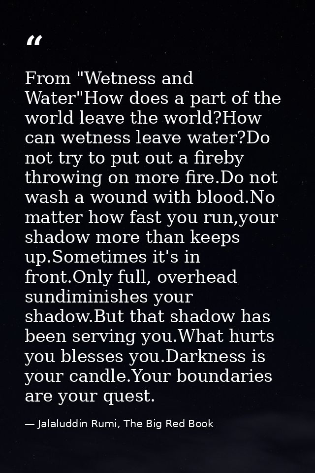 From "Wetness and Water"How does a part of the world leave the world?How can wetness leave water?Do not try to put out a — Jalaluddin Rumi, The Big Red Book