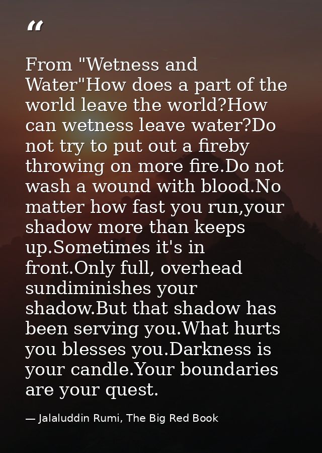 From "Wetness and Water"How does a part of the world leave the world?How can wetness leave water?Do not try to put out a — Jalaluddin Rumi, The Big Red Book