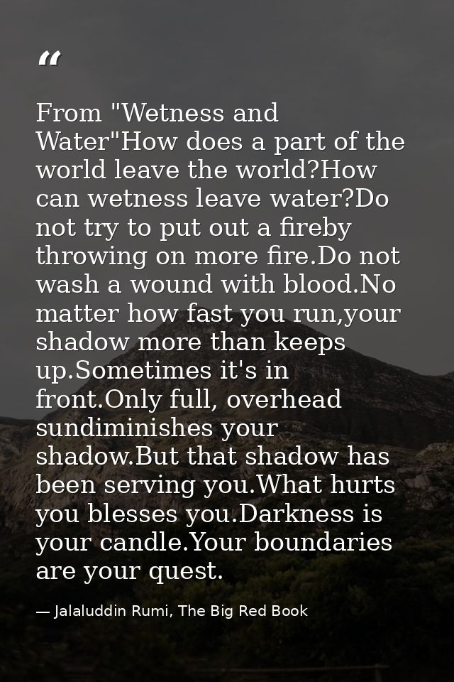 From "Wetness and Water"How does a part of the world leave the world?How can wetness leave water?Do not try to put out a — Jalaluddin Rumi, The Big Red Book