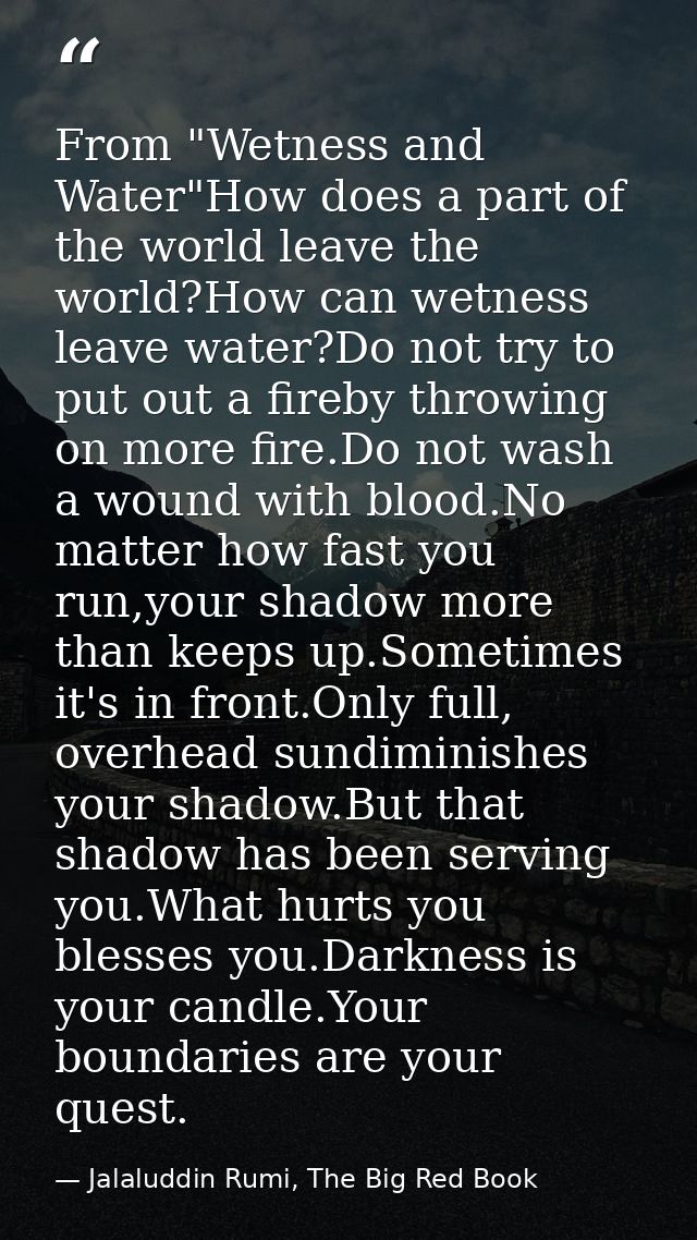 From "Wetness and Water"How does a part of the world leave the world?How can wetness leave water?Do not try to put out a — Jalaluddin Rumi, The Big Red Book