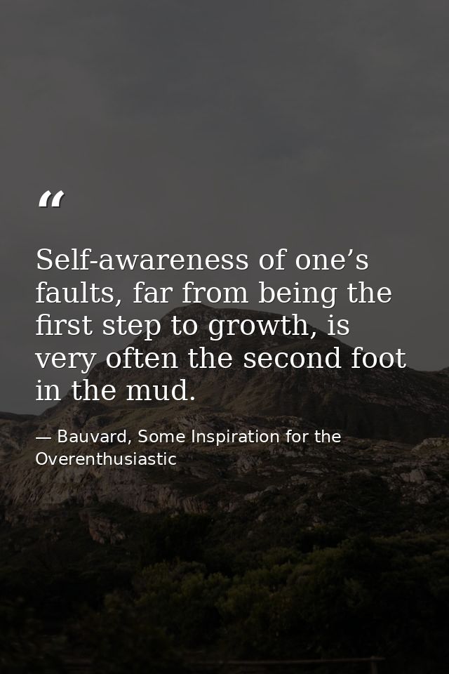 Self-awareness of one’s faults, far from being the first step to growth, is very often the second foot in the mud. — Bauvard, Some Inspiration for the Overenthusiastic