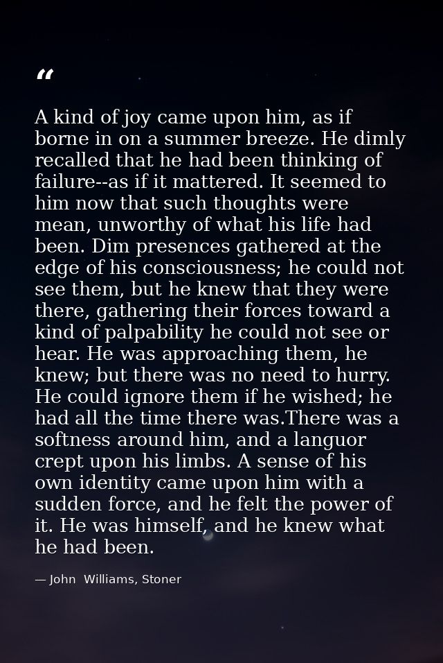 A kind of joy came upon him, as if borne in on a summer breeze. He dimly recalled that he had been thinking of failure-- — John  Williams, Stoner