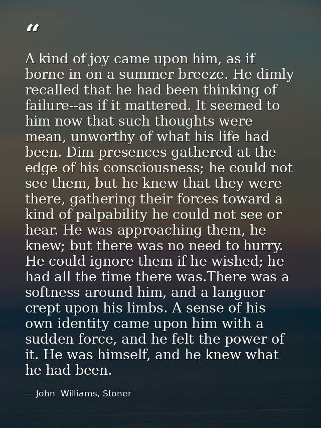 A kind of joy came upon him, as if borne in on a summer breeze. He dimly recalled that he had been thinking of failure-- — John  Williams, Stoner