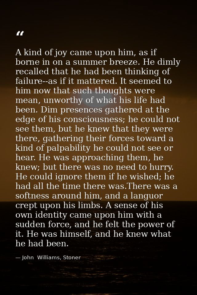 A kind of joy came upon him, as if borne in on a summer breeze. He dimly recalled that he had been thinking of failure-- — John  Williams, Stoner
