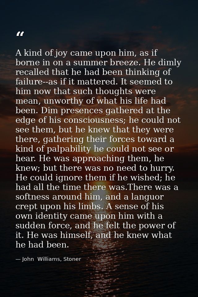 A kind of joy came upon him, as if borne in on a summer breeze. He dimly recalled that he had been thinking of failure-- — John  Williams, Stoner