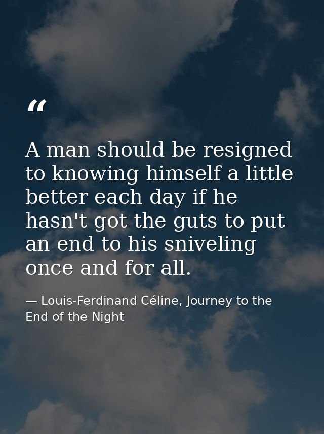 A man should be resigned to knowing himself a little better each day if he hasn't got the guts to put an end to his sniv — Louis-Ferdinand Céline, Journey to the End of the Night