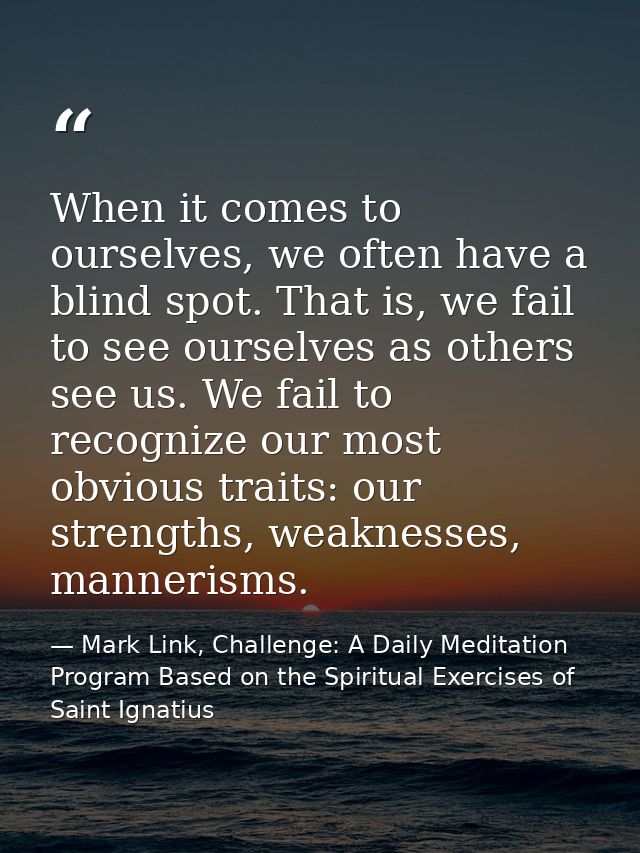 When it comes to ourselves, we often have a blind spot. That is, we fail to see ourselves as others see us. We fail to r — Mark Link, Challenge: A Daily Meditation Program Based on the Spiritual Exercises of Saint Ignatius