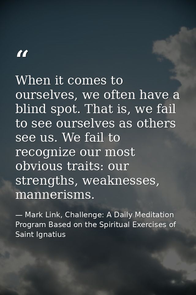 When it comes to ourselves, we often have a blind spot. That is, we fail to see ourselves as others see us. We fail to r — Mark Link, Challenge: A Daily Meditation Program Based on the Spiritual Exercises of Saint Ignatius