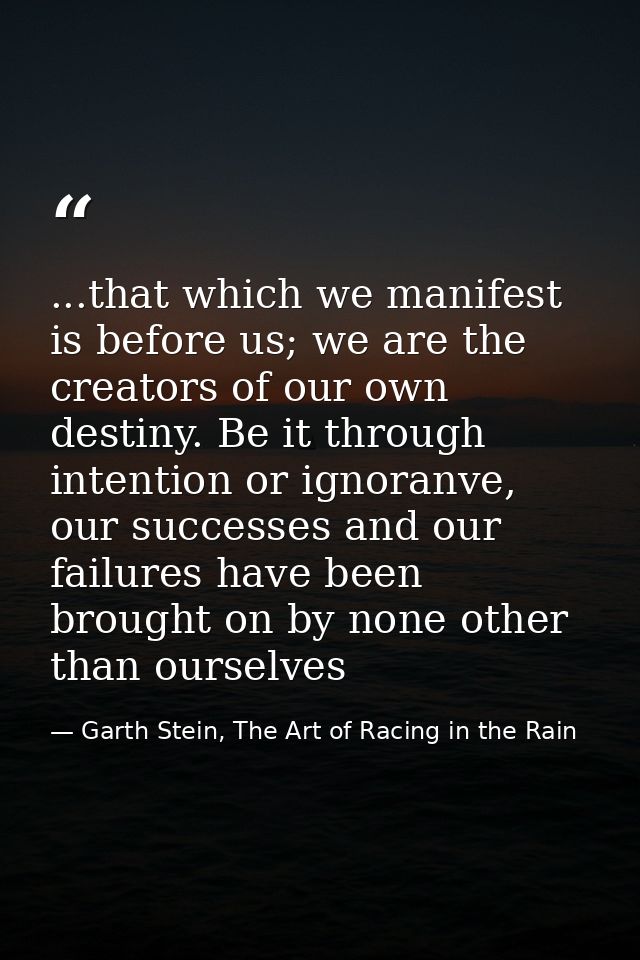 ...that which we manifest is before us; we are the creators of our own destiny. Be it through intention or ignoranve, ou — Garth Stein, The Art of Racing in the Rain