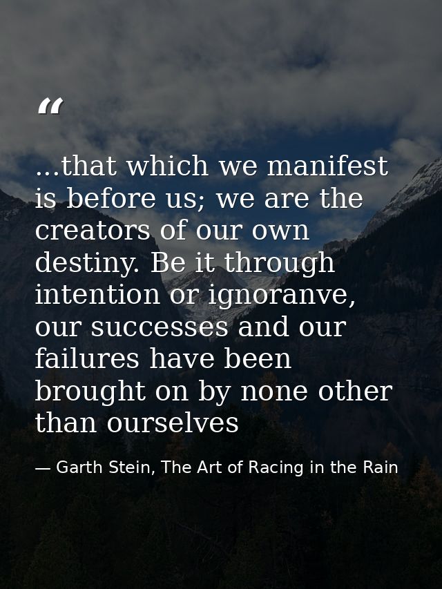 ...that which we manifest is before us; we are the creators of our own destiny. Be it through intention or ignoranve, ou — Garth Stein, The Art of Racing in the Rain