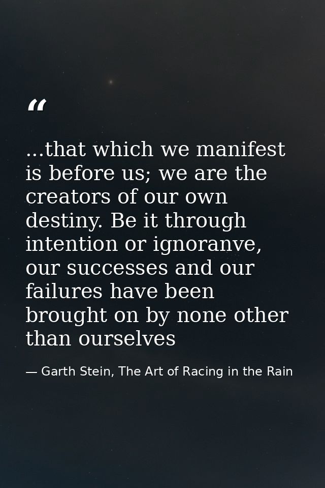 ...that which we manifest is before us; we are the creators of our own destiny. Be it through intention or ignoranve, ou — Garth Stein, The Art of Racing in the Rain