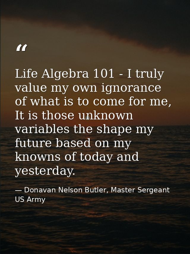 Life Algebra 101 - I truly value my own ignorance of what is to come for me, It is those unknown variables the shape my  — Donavan Nelson Butler, Master Sergeant US Army