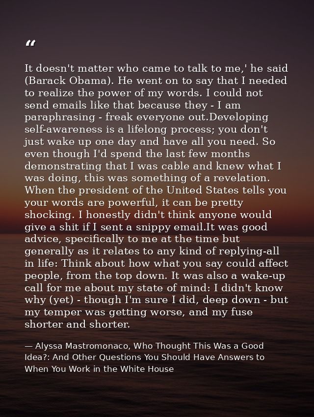 It doesn't matter who came to talk to me,' he said (Barack Obama). He went on to say that I needed to realize the power  — Alyssa Mastromonaco, Who Thought This Was a Good Idea?: And Other Questions You Should Have Answers to When You Work in the White House