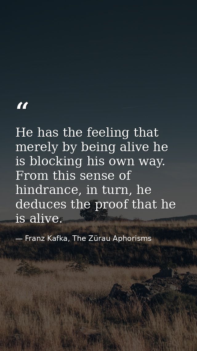 He has the feeling that merely by being alive he is blocking his own way. From this sense of hindrance, in turn, he dedu — Franz Kafka, The Zürau Aphorisms